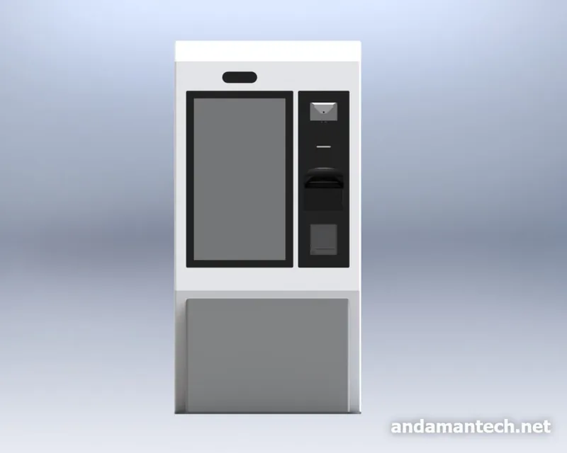ภาพ 3 มิติด้านหน้าของตู้ Kiosk 32 นิ้ว แสดงจอและแผงอุปกรณ์ยืนยันตัวตน
