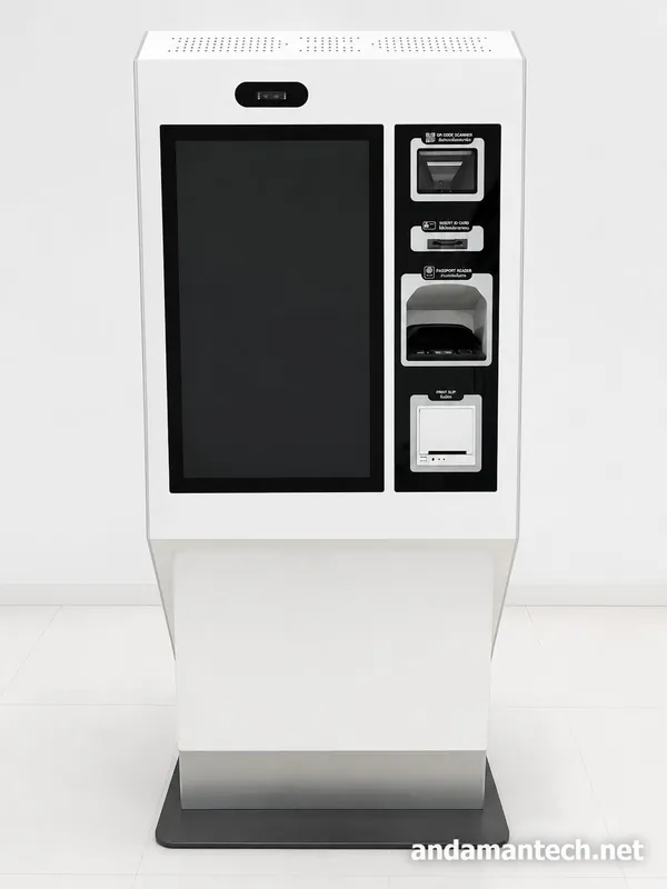 ตู้ Kiosk 32 นิ้วที่ประกอบเสร็จแล้ว เห็นจอสัมผัสและแผงอุปกรณ์ยืนยันตัวตนครบชุด