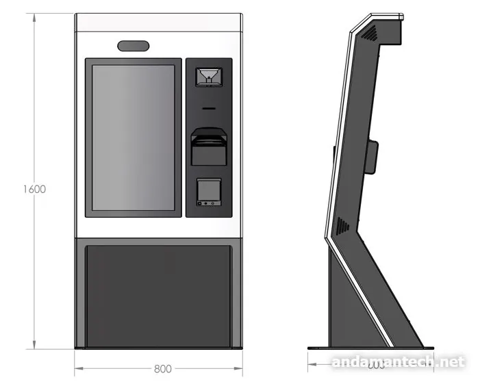 แบบเขียนตู้ Kiosk 32 นิ้ว ด้านหน้าและด้านข้าง พร้อมขนาด 800 × 600 × 1600 มิลลิเมตร