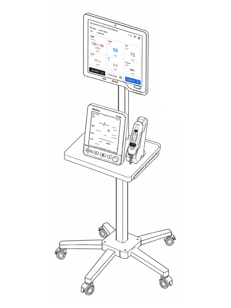 ภาพจำลองรถเข็นวัดสัญญาณชีพเคลื่อนที่ มีจอสัมผัสอยู่ด้านบน เครื่อง Patient Monitor และเครื่องอ่านบาร์โค้ดบนชั้นวาง ฐานเป็นล้อเลื่อนห้าแฉก