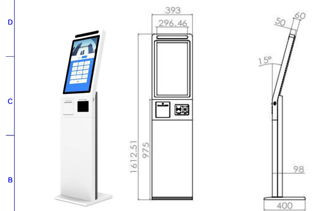แบบวิศวกรรมตู้ Kiosk จอสัมผัส 24 นิ้วพร้อมเครื่องพิมพ์บัตรคิว แสดงมุมมองด้านหน้าและด้านข้างพร้อมขนาดตัวตู้